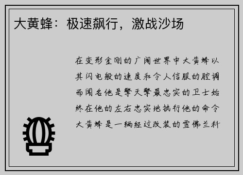 大黄蜂：极速飙行，激战沙场